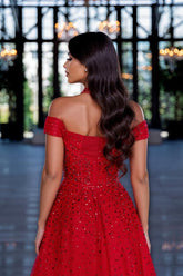 27RESS Red Off-the-Shoulder Mermaid Evening Dresses with Beaded